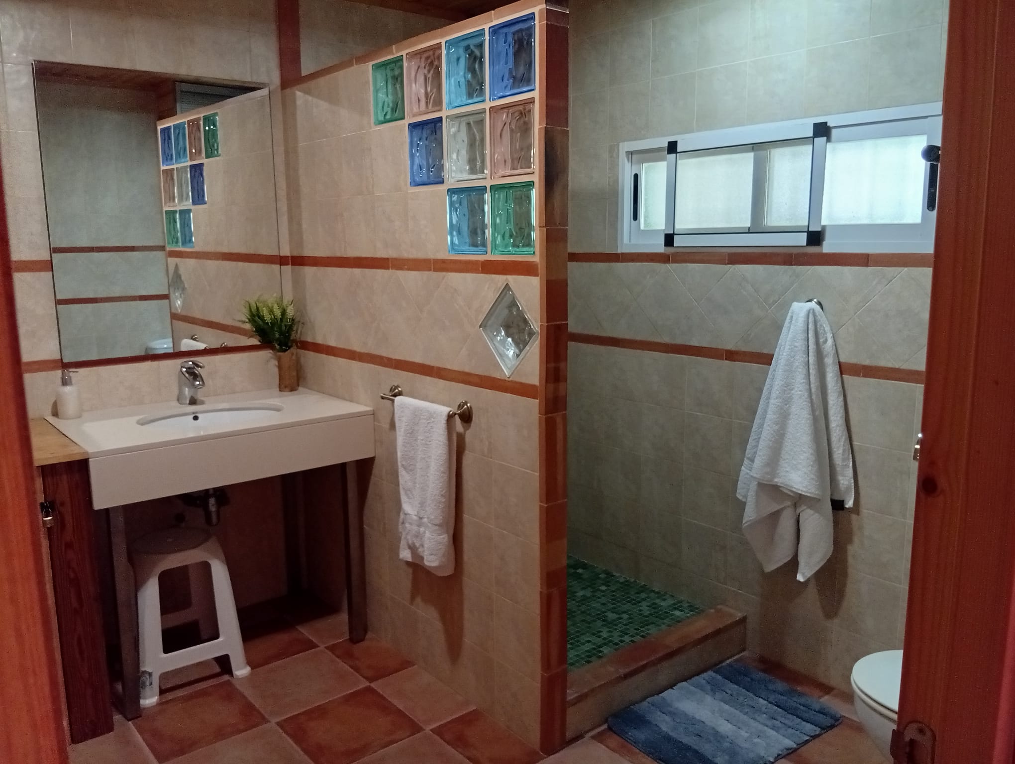 Baño privado decorado con toallas blancas y plantita