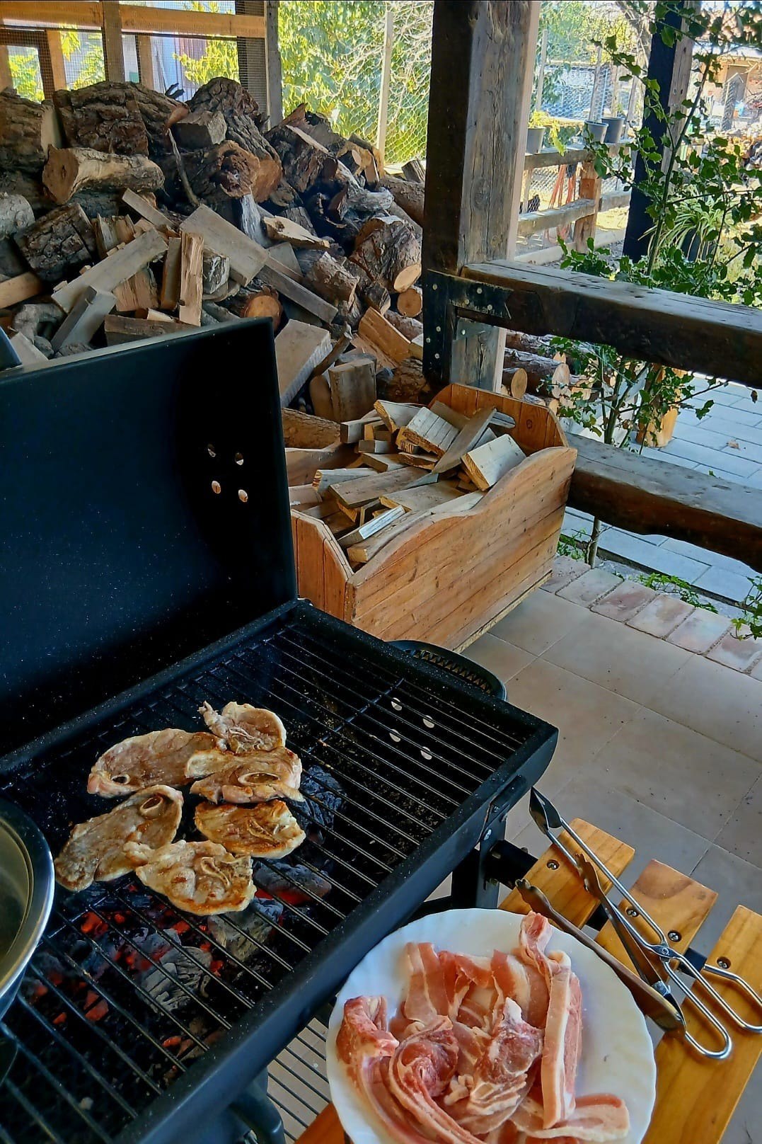 Barbacoa de carbón encendida con carne