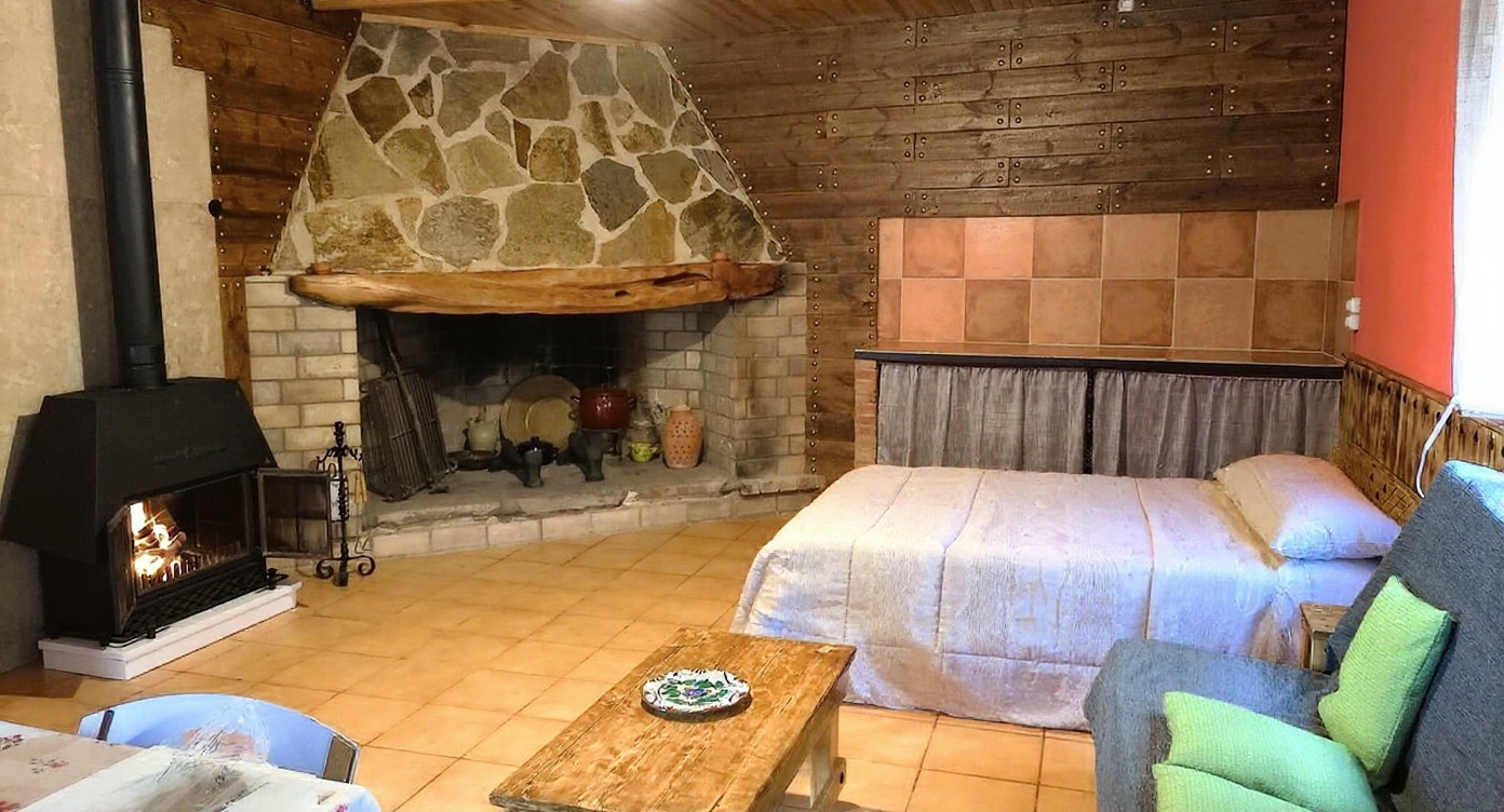 Salón rústico con chimenea de piedra y estufa de leña